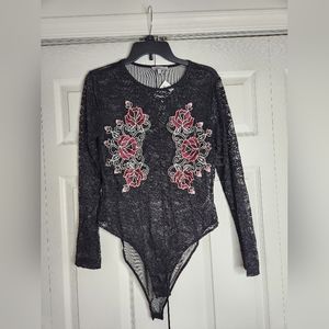 Black, fun, rose design, bodysuit